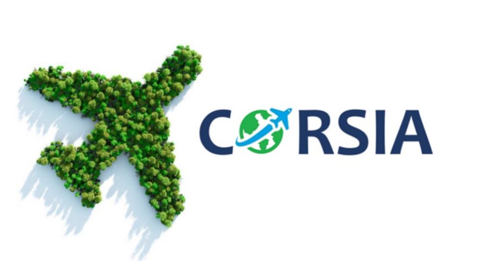 Green plane made of trees next to CORSIA logo