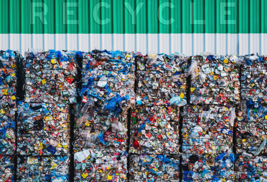 Blocks of recycled plastic nextto each other under a "Recycle" sign.